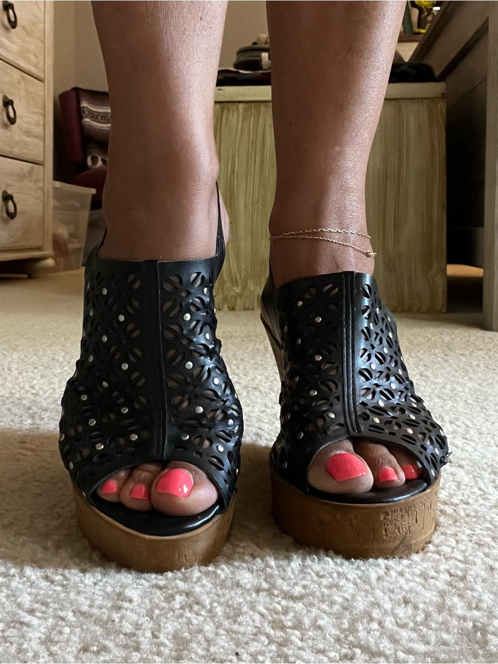 Made in Italy Black Laser-Cut Wedge Sandals with Cork-Look Platform